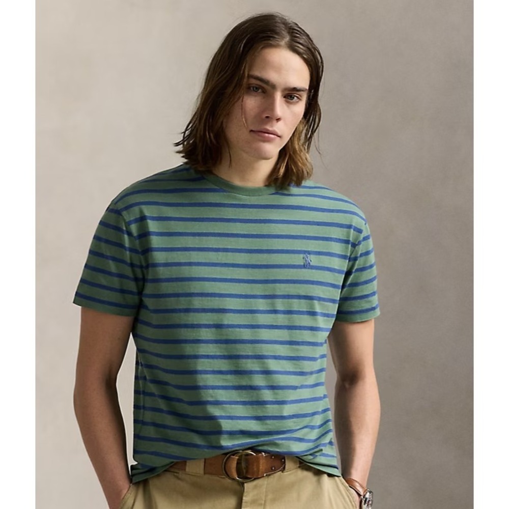 MENS POLO RALPH LAUREN S/S T-SHIRT~SZ XL~GREEN / BLUE STRIPES~NWT